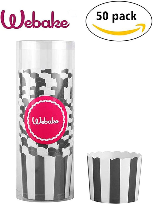 Webake Nonstick Paper Baking Cups - Set of 50 Black Stripe for Popcorn Cupcake, 6oz Cupcake Bath Bomb, Muffin Case for