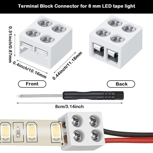 25 Pack Solderless LED Tape Light Connector 2 Pin Terminal Block Connector Screw Down LED Strip Connector Tape to Wire for 5V 12V 24V Single Color LED Strip Lights (White,8mm)