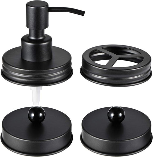 Mason Jar Bathroom Accessories Lids Set (4pcs) - Soap Dispenser, Toothbrush Holder, Apothecary Jars Lids - Black