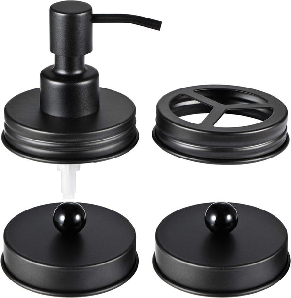 Mason Jar Bathroom Accessories Lids Set (4pcs) - Soap Dispenser, Toothbrush Holder, Apothecary Jars Lids - Black