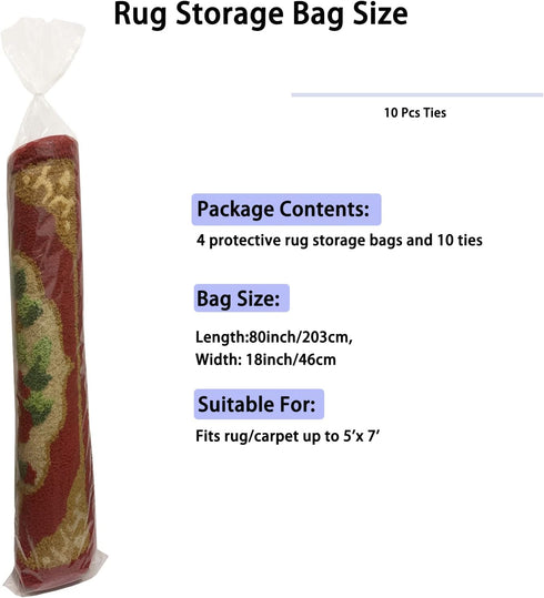 Clear Carpet Bag, 4 Pcs Plastic Rug Storage Bag with 10 Ties, Fits Rugs up to 5' x 7', Heavy Duty for Moving and Storage