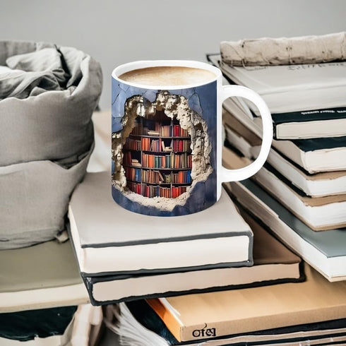 3D 11oz Library Bookshelf Mug, Bookshelf Design Ceramic Coffee Cup with Visual Effect, Book Lovers Gifts for Readers