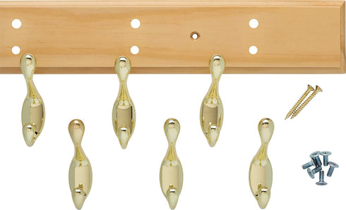 Franklin Brass R33120K-PNB-R Heavy Duty Coat and Hat Hook Rack - 26-1/2 in. Lacquered Pine and Brass