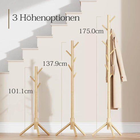 Pipishell Sturdy Wooden Coat Rack Stand, Adjustable Free Standing Tree Hanger with 4 Sections & 8 Hooks for Home