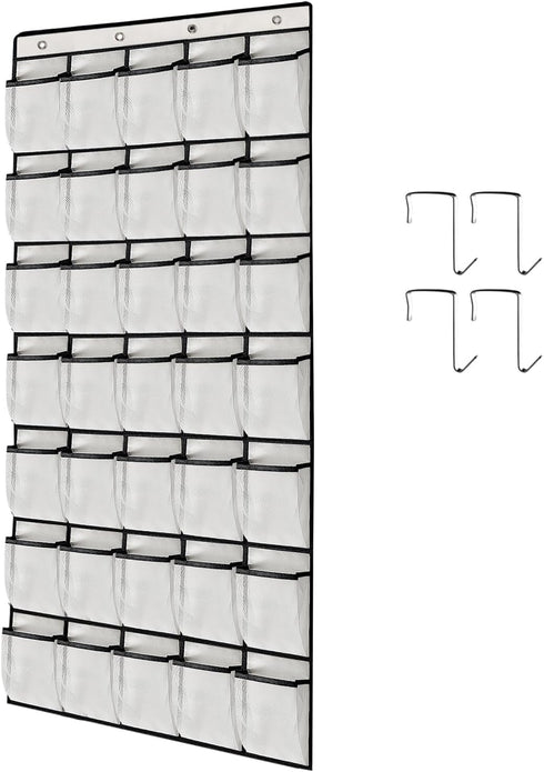 1 Pack 35 Breathable Mesh Pockets Large Hanging Shoe Organizer Over The Door Shoe Rack for Closet Storage, White