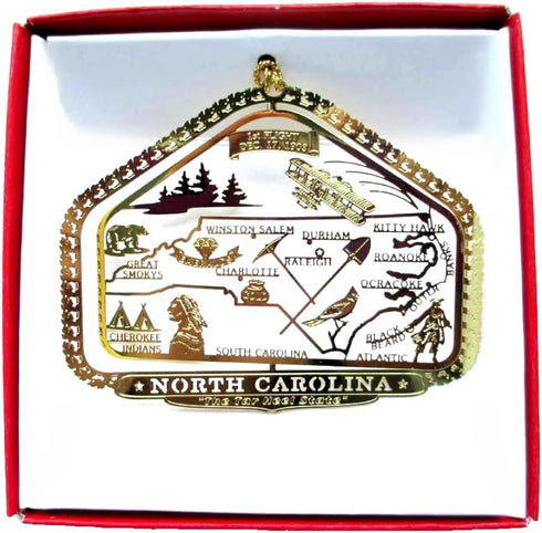 North Carolina State Brass Christmas Ornament, Nations Treasures, Raleigh, Charlotte, Roanoke, Kitty Hawk, Durham