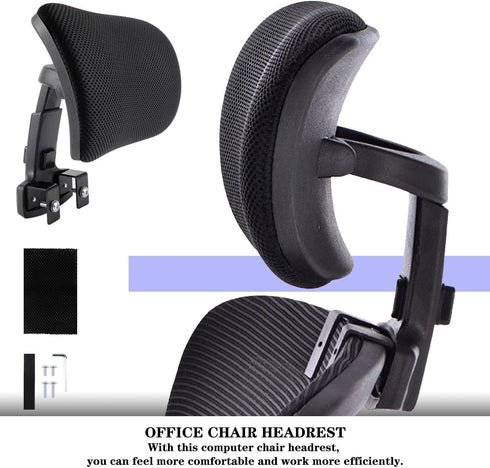 Black Mesh Office Chair Headrest Attachment, Adjustable Height Angle Head Support Cushion for Ergonomic Office Chair