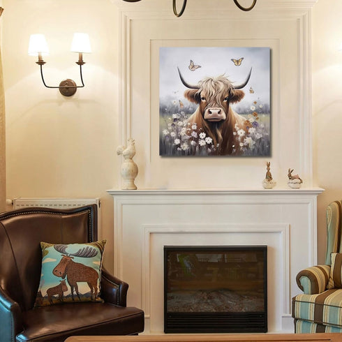 Enartly 14"x14" Highland Cow Bathroom Wall Art, Rustic Farmhouse Animal Canvas Print, Nature Flower Landscape Decor