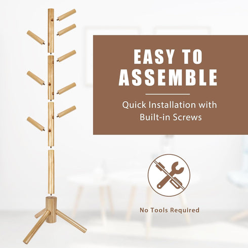 Haddockway Wooden Coat Rack Stand with 8 Hooks, New Zealand Pine Adjustable Coat Tree for Entryway, Hallway