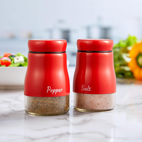 Bivvclaz Red Salt and Pepper Shakers Set, 5 oz Dispenser with Glass Bottom, Cute Kitchen Decor and Accessories