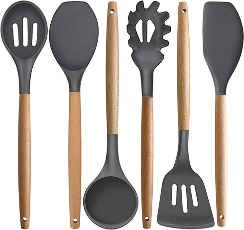 Kitchen Cooking Utensils Set, 6Pcs Silicone Gadgets with Wooden Handle, Heat Resistant Spatula, Ladle, Turner Set
