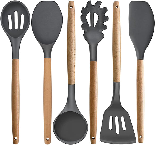 Kitchen Cooking Utensils Set, 6Pcs Silicone Gadgets with Wooden Handle, Heat Resistant Spatula, Ladle, Turner Set