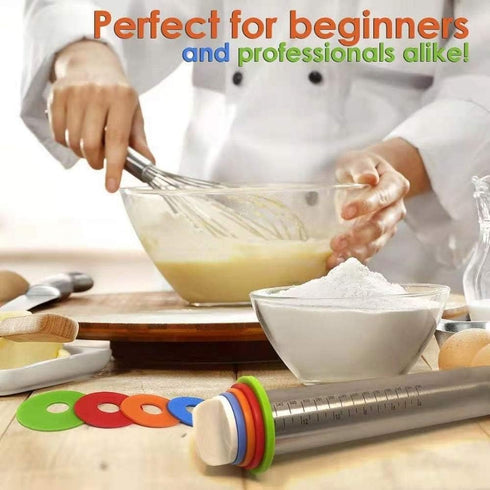 Adjustable 17" Rolling Pin with Thickness Rings, Stainless Steel Dough Roller for Pizza, Tortilla, Pie, Pasta, Cookies