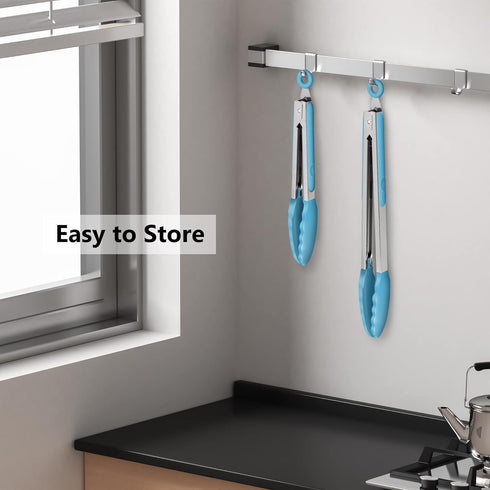 Set of 2 Kitchen Tongs, 9-Inch & 12-Inch Premium Stainless Steel Locking Silicone Grilling Barbeque Food Tong, Blue