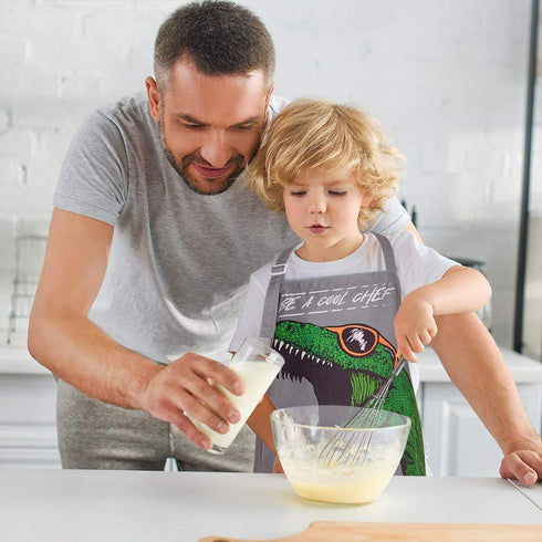 MHJY Kids Apron and Chef Hat for Boys, Dinosaur Child Aprons with Pockets for Cooking Baking Painting