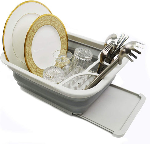 SAMMART Collapsible Dish Drainer with Drainer Board - Foldable Drying Rack Set - Portable Dinnerware Organizer (Grey)