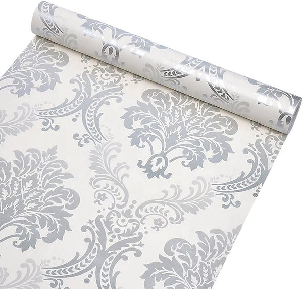 17.8 x 78 Inches Self-Adhesive Shelf Liner, Vintage Gray Damask, Dresser Drawer Paper, Home Decoration