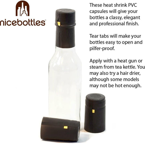 nicebottles Black Shrink Capsules, 28x50mm, Pack of 30, Compatible with 5oz & 10oz Bottles