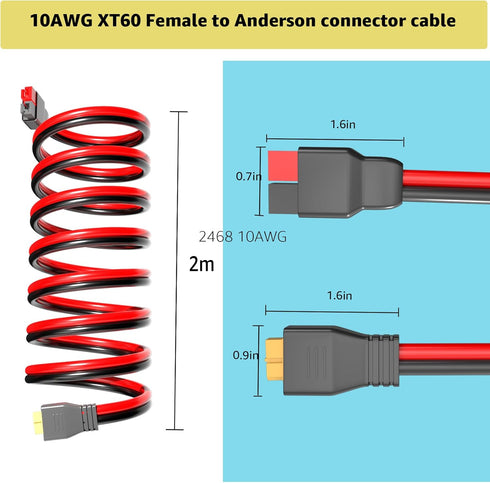 XT60 Female Head to 45A Anderson Connector Adapter. 10AWG Cable Suitable for Outdoor Power Banks, Lithium Battery Packs, Solar Panels to Portable Power Station Extension Cords. (2M/6.6FT)