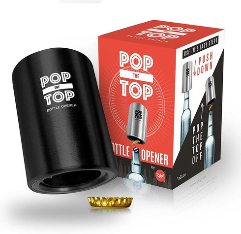 Pop-the-Top Beer Bottle Opener (Black) - Automatic Cap Remover, Push Down Bar Tool, Fun Gadget
