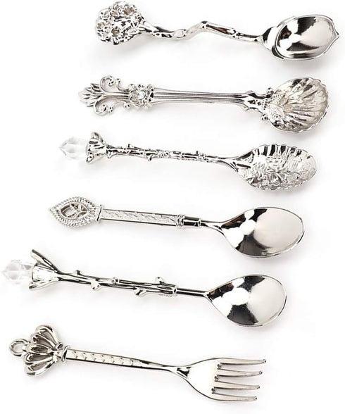 Fdit 6Pcs Vintage Carved Coffee Spoon Set, Retro Zinc Alloy Dessert Cutlery for Kitchen (Silver)