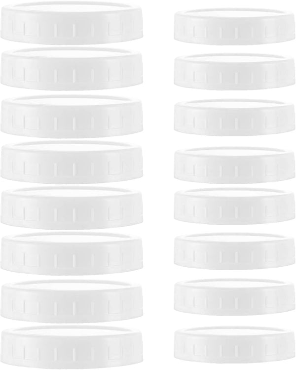 16Pcs Plastic Storage Caps for Mason Jars, 8 Regular Mouth Lids and 8 Wide Mouth Caps, White
