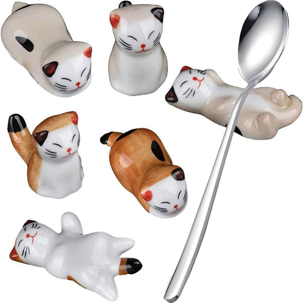 Pack of 6 Lovely Lucky Cat Porcelain Knife Rests, Ceramic Tableware Rest Set