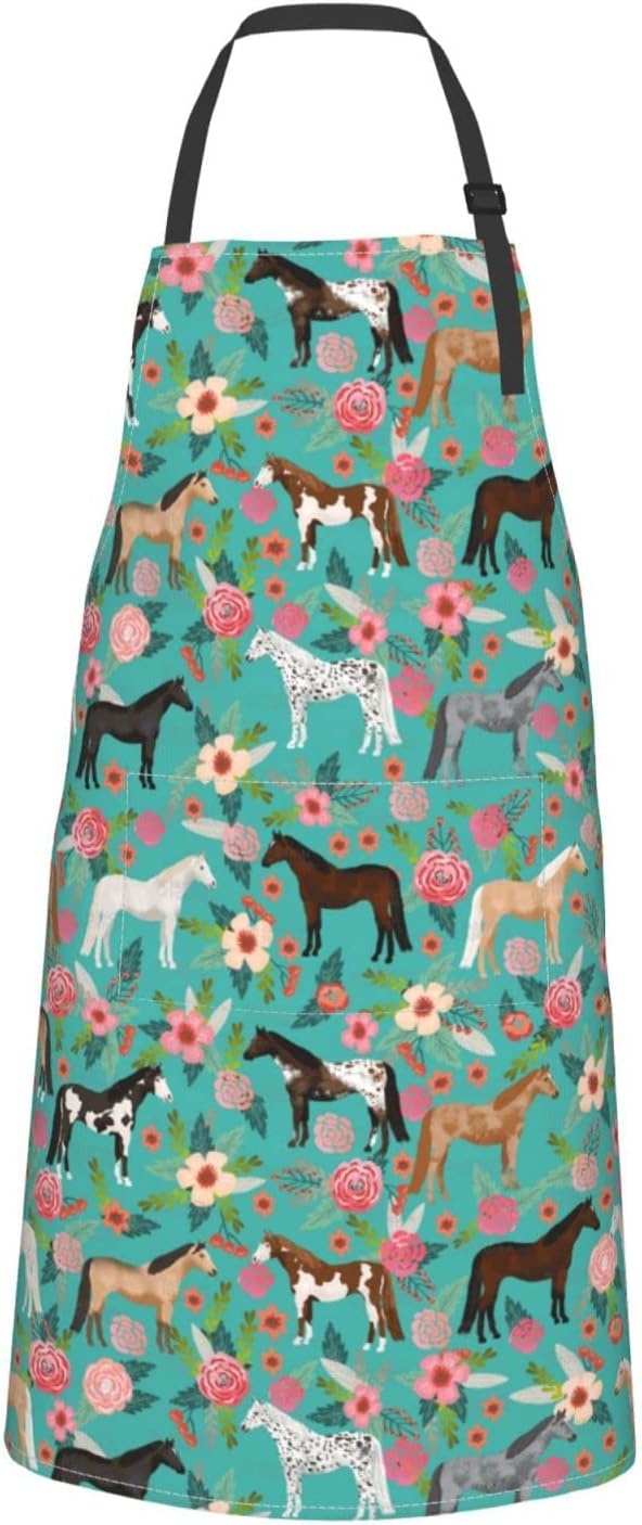 Floral Horse Print Waterproof Apron, Adjustable Neck Bib with 2 Pockets for Cooking Kitchen Gift