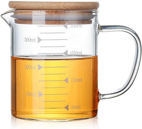 DEVILMAYCARE Glass Beaker with Handle and Lid - Measuring Cup for Easy Visibility, 12 Oz (350ML)