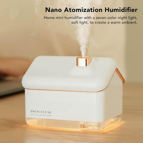 Desktop Humidifier, Snow House Humidifier with 2 Speed Adjustment, Portable Silent USB Plug In Gift with Night Light