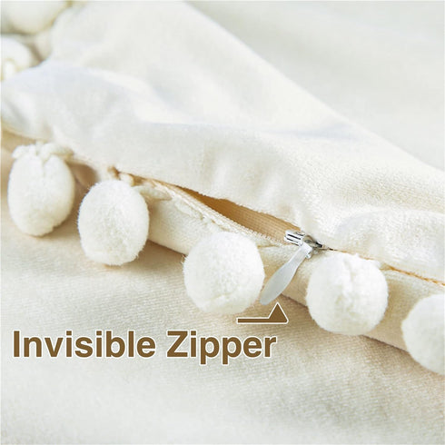 Top Finel Decorative Throw Pillow Covers 18x18, Set of 2, Cream White Velvet Cushion Covers with Pom Poms
