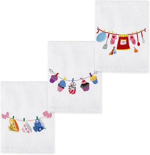 3 PCS White Embroidered Tea Towels, Napkins for Kitchen & Pantry, Baking Sourdough, Housewarming Gift