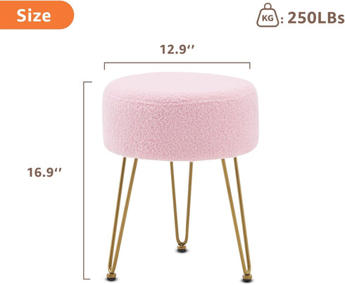 WROCFURSTAR Vanity Stool, Teddy Velvet Ottoman Foot Stool, Dressing Table Seat with Metal Leg Vanity Chair for Bedroom