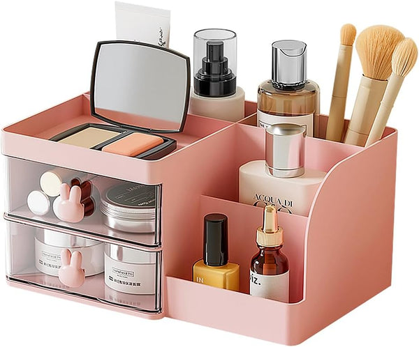 Makeup Storage Organizer with 2 Drawers, Cosmetic Display Case for Skin Care, Hair Accessories, Pink