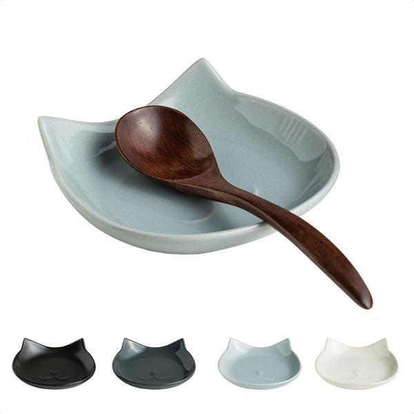 Ceramic Spoon Rest for Kitchen Counter, 5.12 Inches Cute Cat Utensil Holder for Stove Top (Light Gray)