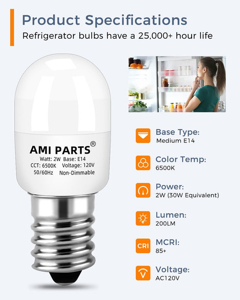 AMI PARTS W11160686 W11518235 Refrigerator Light Bulb, Waterproof Appliance Bulb Replacement for Maytag Whirlpool 6500K