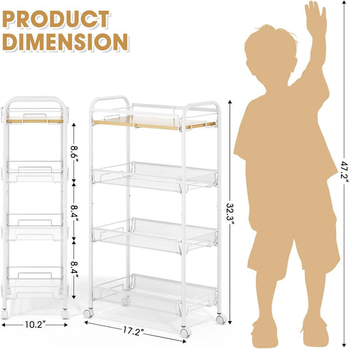 4-Tier TOOLF Rolling Cart, Metal Utility Cart, Slide Out Storage Cart with Wooden Tabletop and Mesh Baskets, Easy