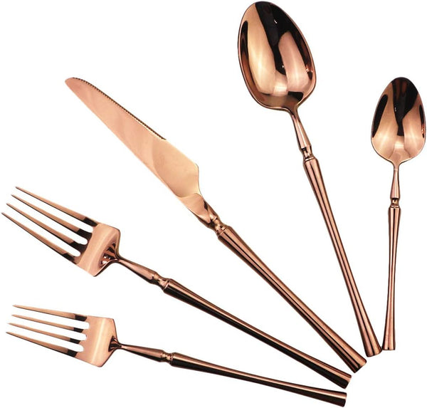 Copper Silverware Set, 5-Piece 18/10 Stainless Steel Flatware Cutlery Set, Mirror Finish, Dishwasher Safe