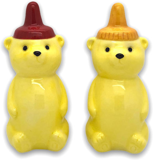 Ceramic Honey Bear Salt and Pepper Shakers Set - Yellow and Red Glazed Decorative Kitchen Condiment Dispenser