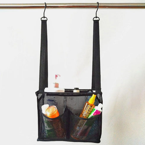 Portable Hanging Mesh Bag with 2 Hooks, Shower Organizer with 4 Storage Pockets for Bathroom and College Dorm