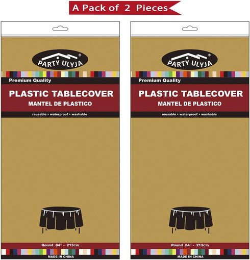Gold Plastic Tablecloths 2 Pack, Disposable Table Covers 84 Inch Circle for Bridal Shower Party, PEVA Vinyl
