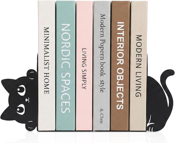 Cenjeery Peeking Cat Metal Bookends Set of 2 with Wider Base, Cute Decorative