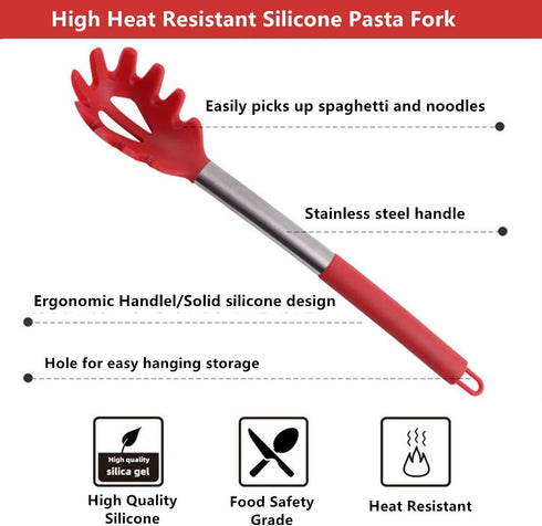 Silicone Pasta Fork, High Heat Resistant Spaghetti Spoon Server with Stainless Steel Handle (Black)