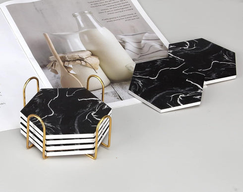 Cool Black Marble Coaster Set with Holder, Hexagon Absorbent Coasters, Modern Ceramic 6 Pack for Beverage Decor