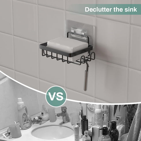 2 Adhesive Soap Bar Holder for Shower Wall, Self Draining Soap Dish Container Caddy Saver with Hooks for Razor Loofah