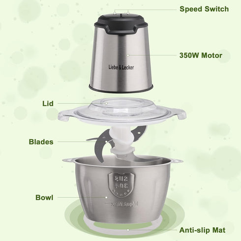 Liebe&Lecker Food Processor, Meat Grinder with 1 Bowl 8 Cup, Electric Food Chopper, 4 Sharp Blades, 2 Speed, 350W