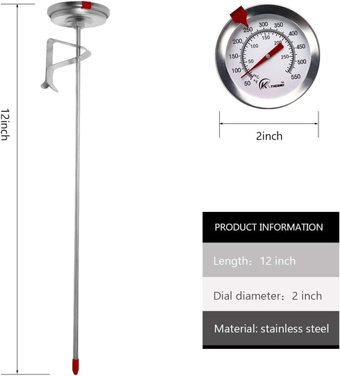 KT THERMO Deep Fry Thermometer with Instant Read, 12" Stainless Steel Meat Cooking Thermometer (2-Pack)