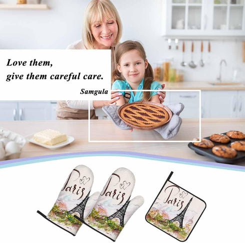 Paris Oven Mitts and Pot Holders Set, Eiffel Tower Pink Romantic City Heat Resistant 3pcs for Cooking