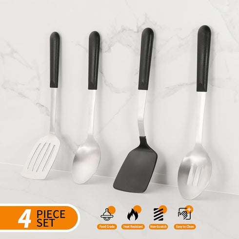 Stainless Steel Cooking Utensils Set - 4-Piece Kitchen Set with PP Handles, Dishwasher Safe, Non-Stick Spoons & Spatula