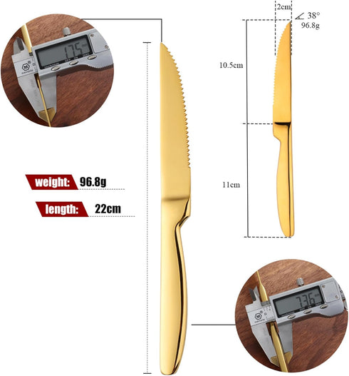 Steak Knife Set, 4-Piece Serrated Steak Cutlery Steak Knife, Gold Stainless Steel Steak Cutlery Knife for Home, Restaurant, Hotel, 22cm by Buyer Star